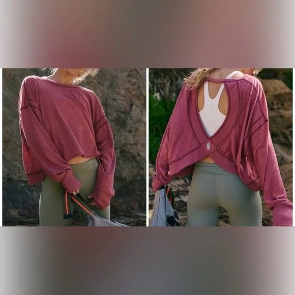 NWT Free People FP Movement My Time Layer - clove dark red mauve pink - large - Picture 1 of 8